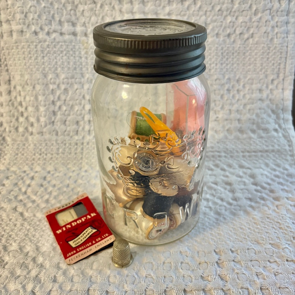 Vintage Sewing Collection in Crown Mason Jar / Vintage Thread / Thimble /Needles